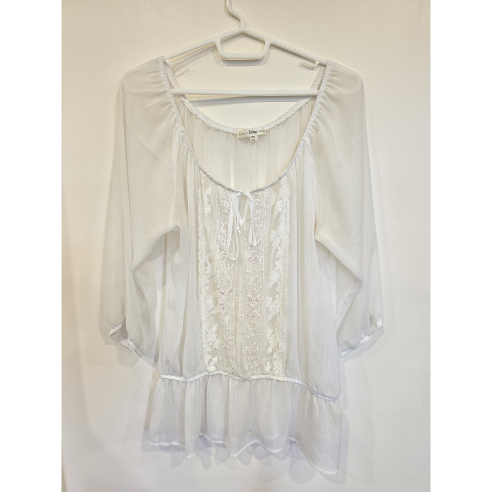 Y2K White Sheer Boho Peasant Blouse XL Fairycore Gypsy Boho Hippie Festival
